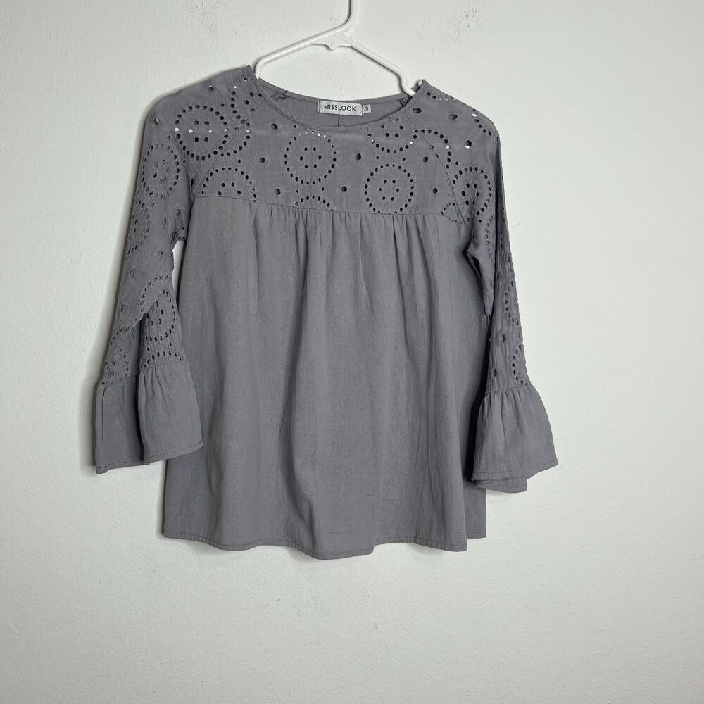 MissLook Women’s Blouse Cotton /Linen Eyelet Detail Ruffle Sleeves Gray Size S